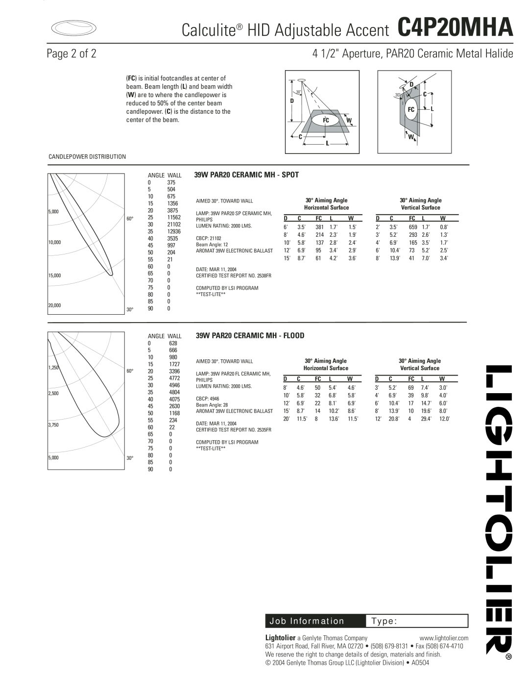 Lightolier manual Calculite HID Adjustable Accent C4P20MHA, Page 2 of, 4 1/2 Aperture, PAR20 Ceramic Metal Halide, Type 