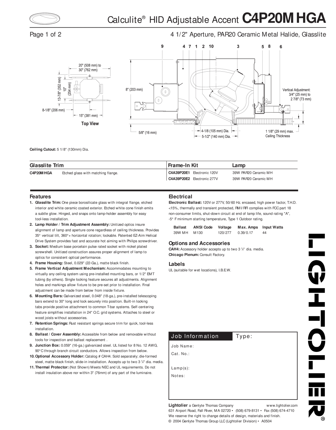 Lightolier manual Calculite HID Adjustable Accent C4P20MHGA, 4 1/2 Aperture, PAR20 Ceramic Metal Halide, Glasslite 