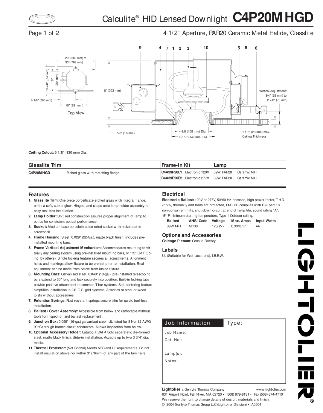 Lightolier manual Calculite HID Lensed Downlight C4P20MHGD, Page 1 of, Job Information, Type, Frame-In Kit, Lamp 