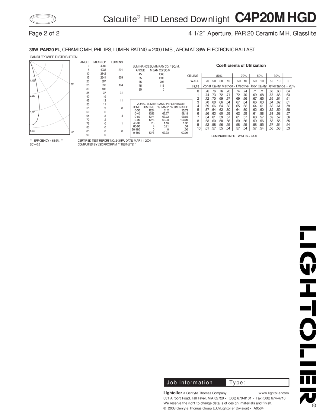 Lightolier Page 2 of, Calculite HID Lensed Downlight C4P20MHGD, 4 1/2” Aperture, PAR 20 Ceramic MH, Glasslite, Type 