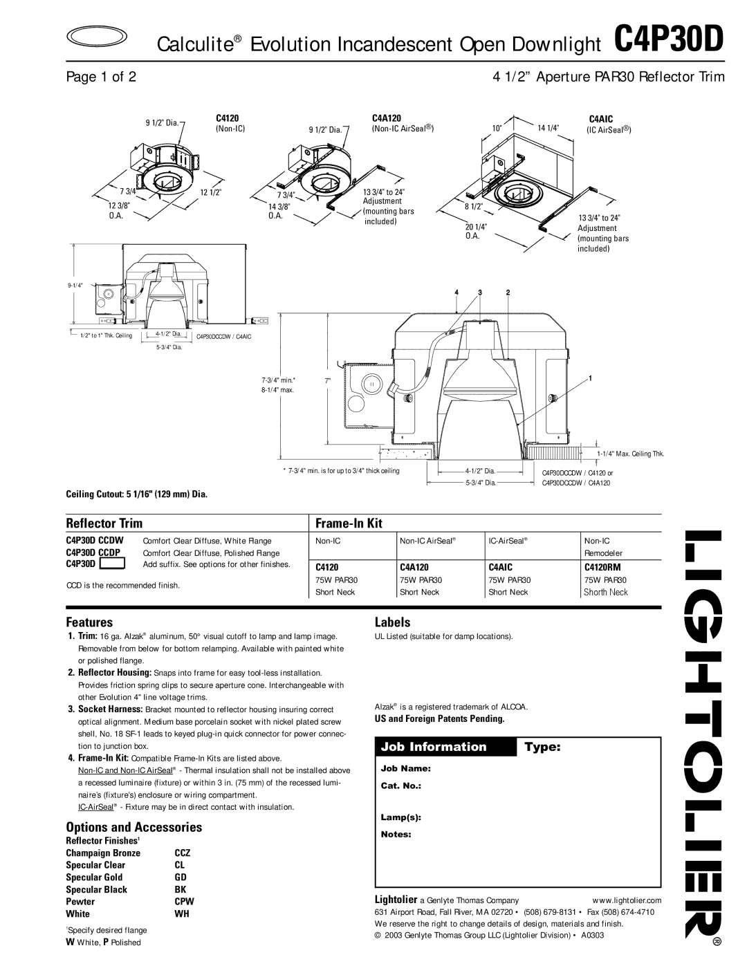 Lightolier C4P30D manual Frame-In Kit, Features, Options and Accessories, Labels 