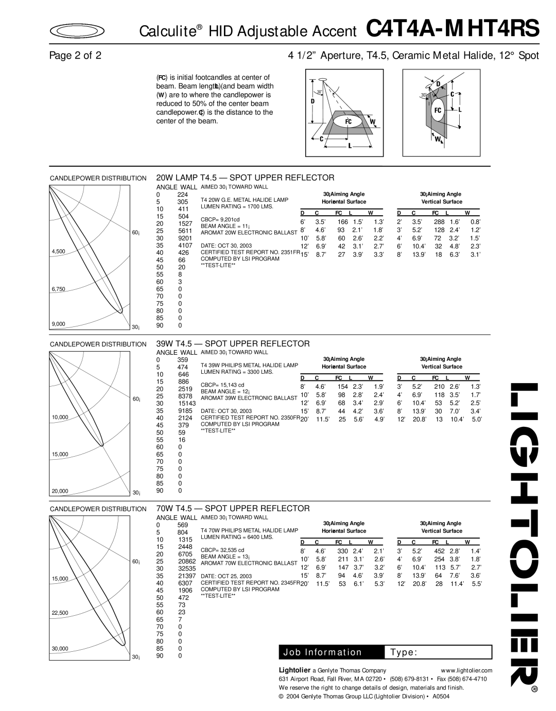 Lightolier C4T4A-MHT4RS manual 20W Lamp T4.5 Spot Upper Reflector, 70W T4.5 Spot Upper Reflector 