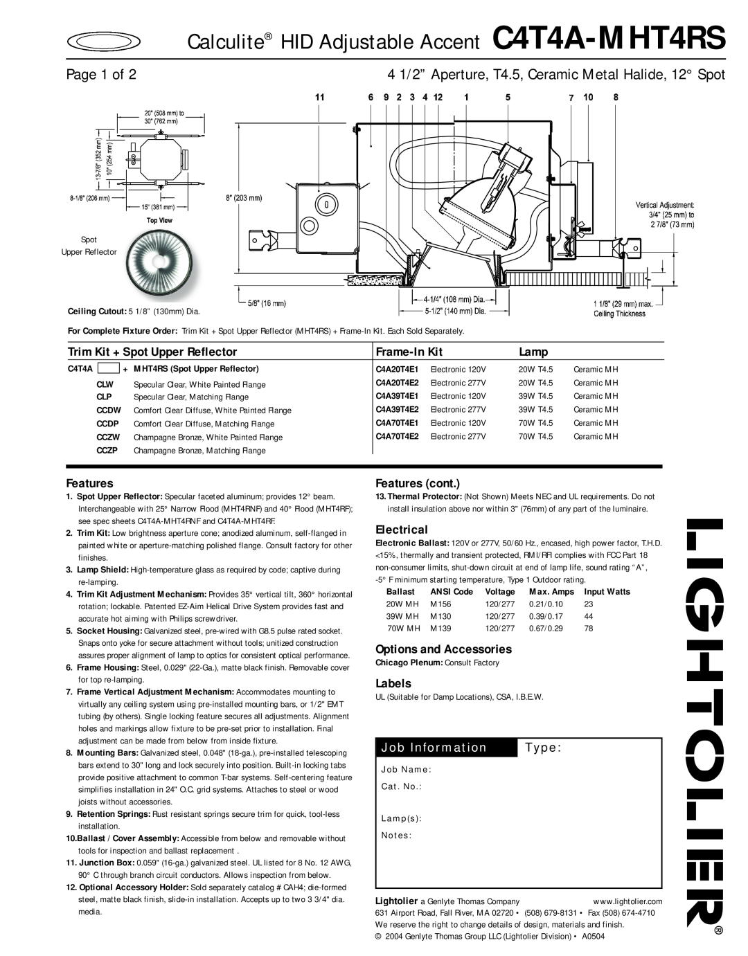 Lightolier manual Calculite HID Adjustable Accent C4T4A-MHT4RS, Job Information, Type, Page 1 of, Frame-InKit, Lamp 