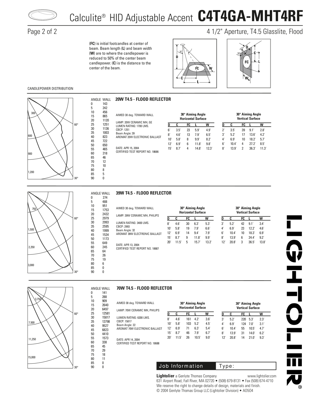 Lightolier manual Page 2 of, 4 1/2 Aperture, T4.5 Glasslite, Flood, Calculite HID Adjustable Accent C4T4GA-MHT4RF, Type 