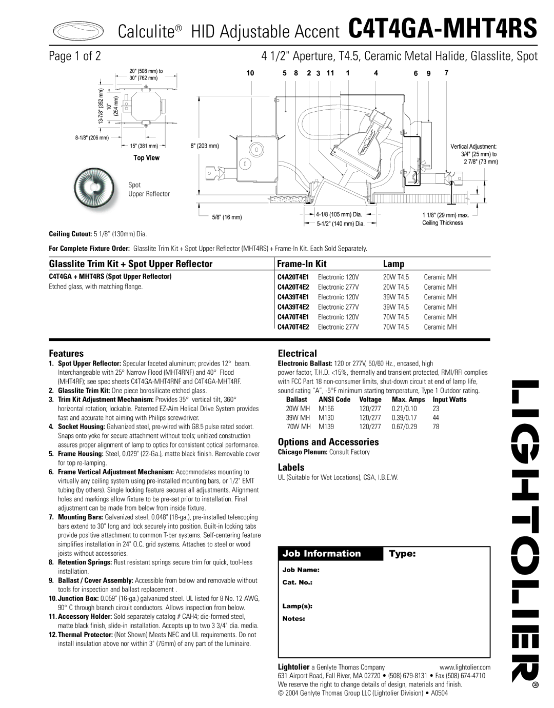 Lightolier C4T4GA-MHT4RS manual Glasslite Trim Kit + Spot Upper Reflector Frame-In Kit Lamp, Features, Electrical, Labels 