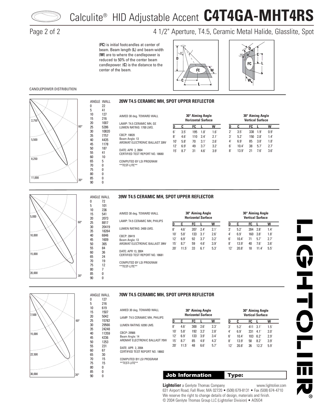 Lightolier C4T4GA-MHT4RS manual 20W T4.5 Ceramic MH, Spot Upper Reflector, 39W T4.5 Ceramic MH, Spot Upper Reflector 