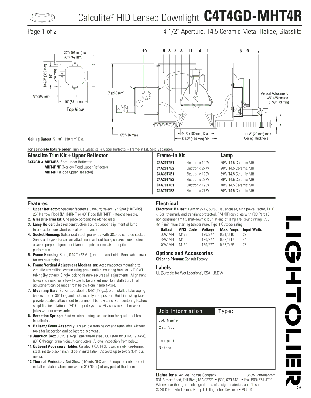 Lightolier C4T4GD-MHT4R manual Glasslite Trim Kit + Upper Reflector, Lamp, Features, Electrical, Options and Accessories 