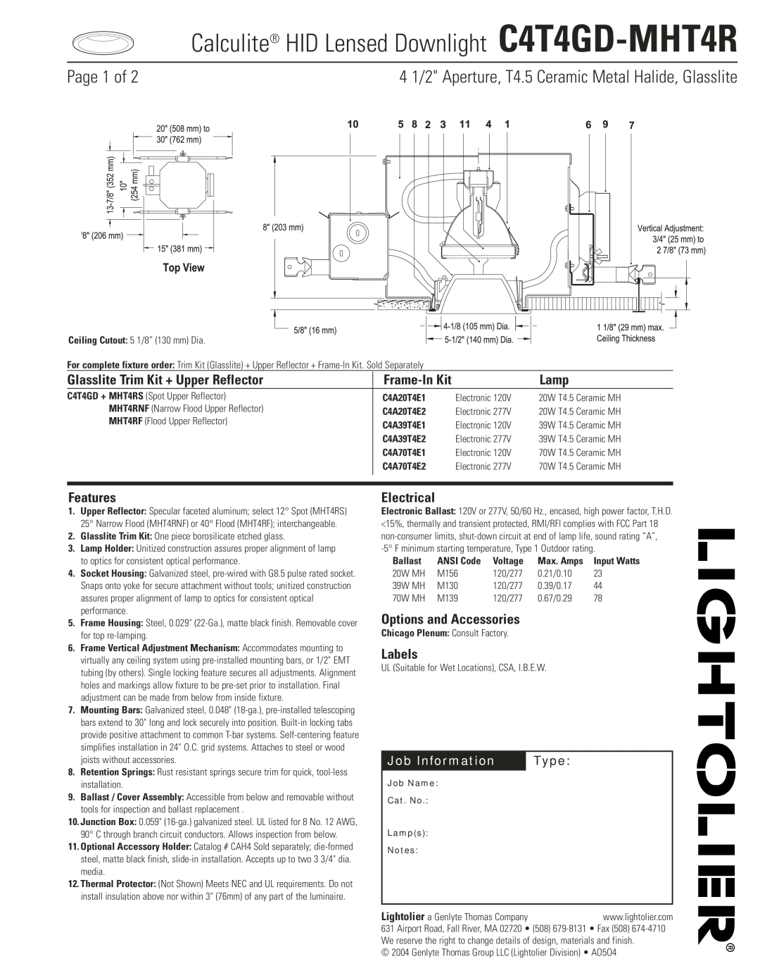 Lightolier manual Calculite HID Lensed Downlight C4T4GD-MHT4R, Job Information, Type, Page 1 of, Lamp, Features, Labels 