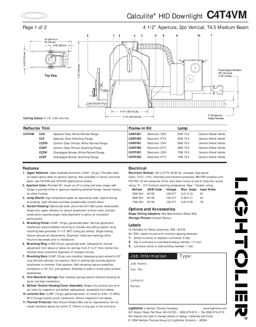 Lightolier C4T4VM specifications Frame-In Kit Lamp, Features, Electrical, Options and Accessories, Labels 