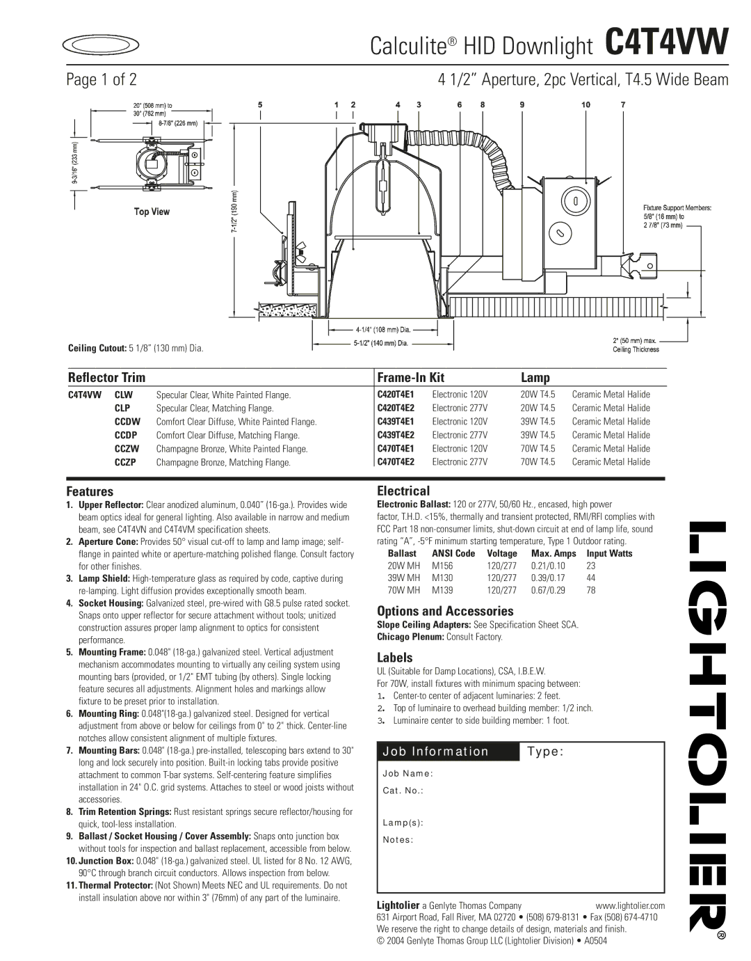 Lightolier C4T4VW specifications Frame-In Kit Lamp, Features, Electrical, Options and Accessories, Labels 