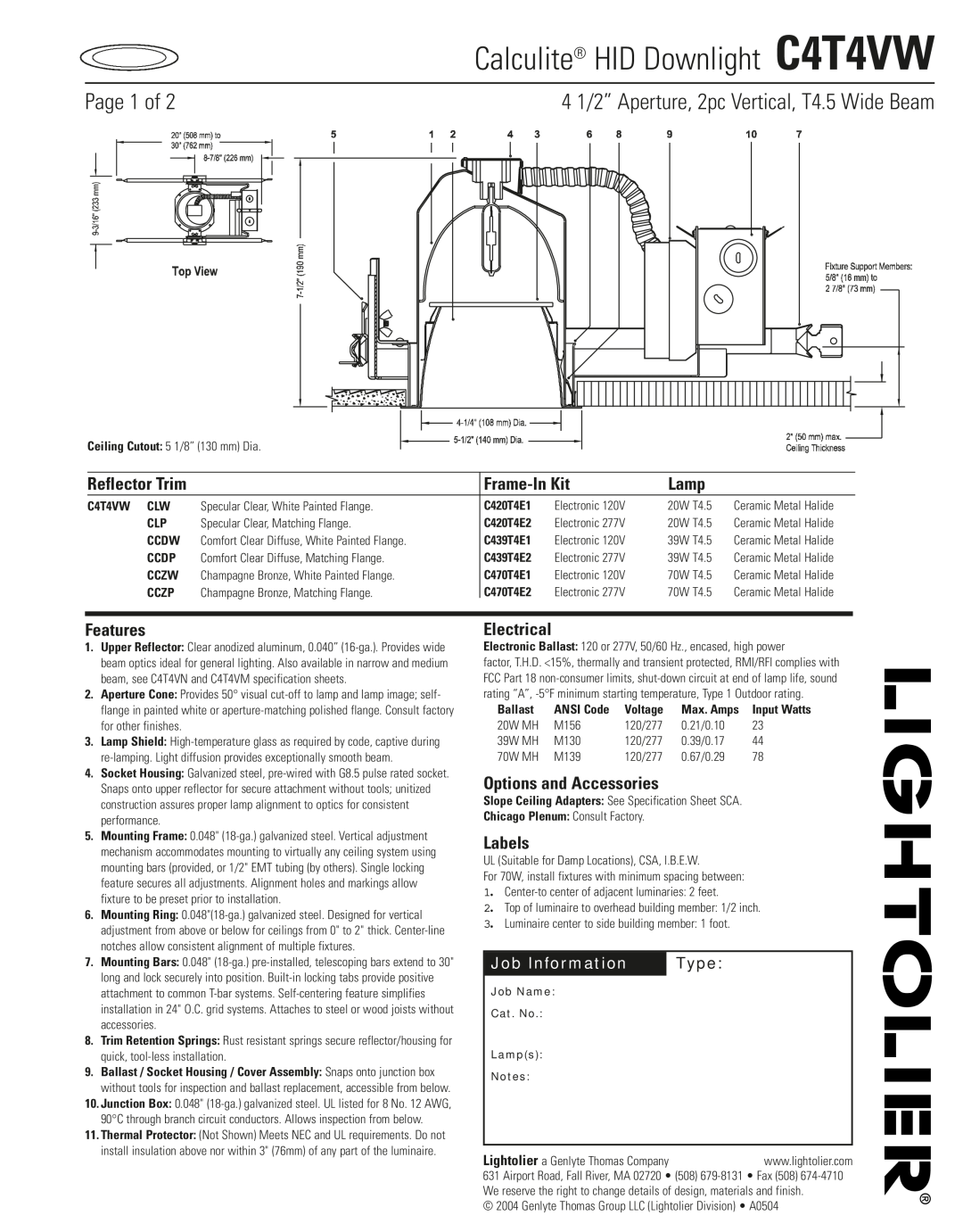 Lightolier specifications Calculite HID Downlight C4T4VW, Page 1 of, 4 1/2” Aperture, 2pc Vertical, T4.5 Wide Beam 