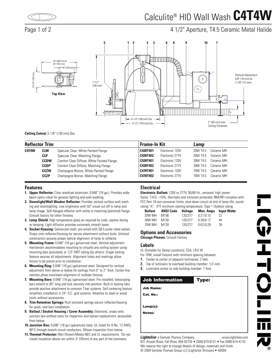 Lightolier C4T4W manual Reflector Trim, Frame-In Kit Lamp, Features, Electrical, Options and Accessories, Labels 