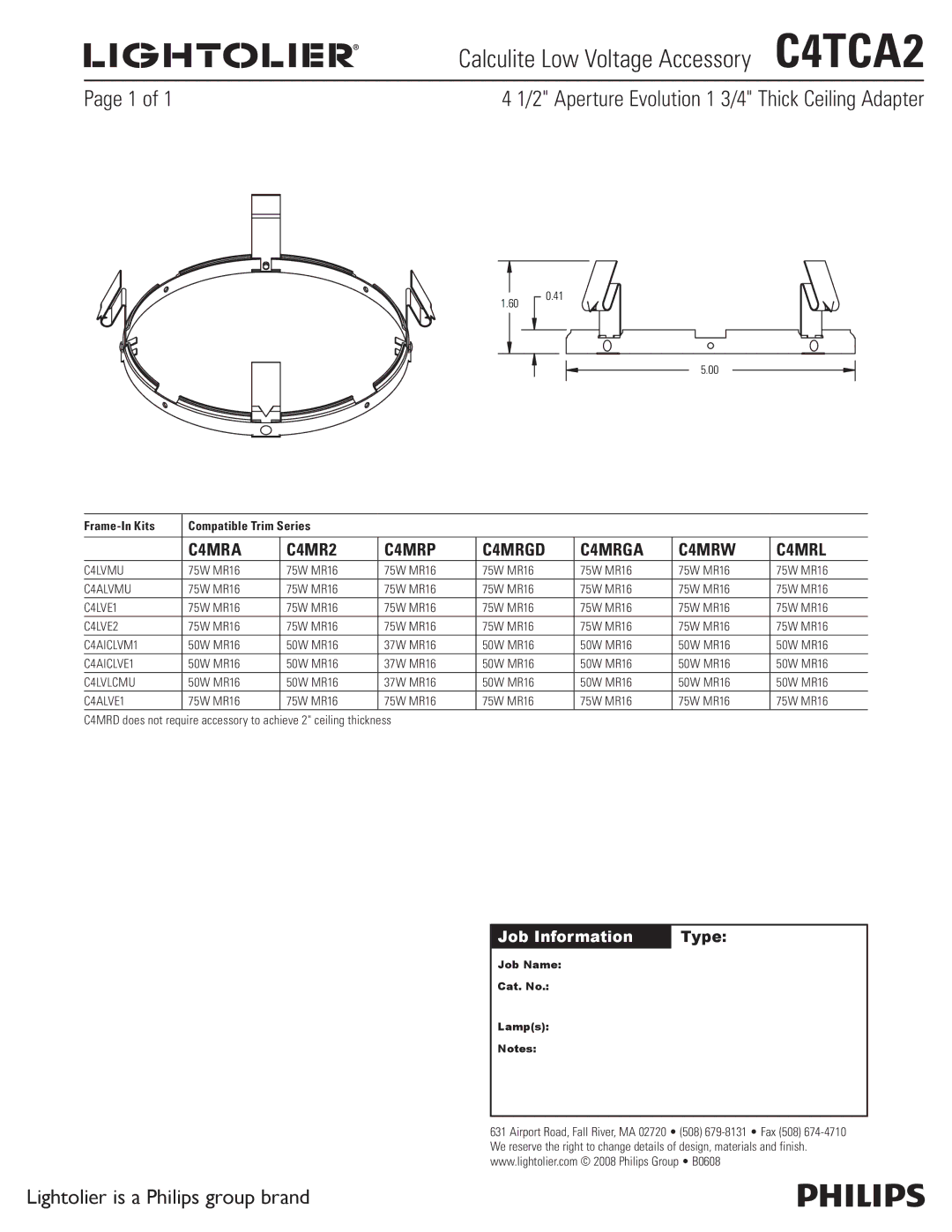 Lightolier manual Calculite Low Voltage Accessory C4TCA2, Aperture Evolution 1 3/4 Thick Ceiling Adapter 