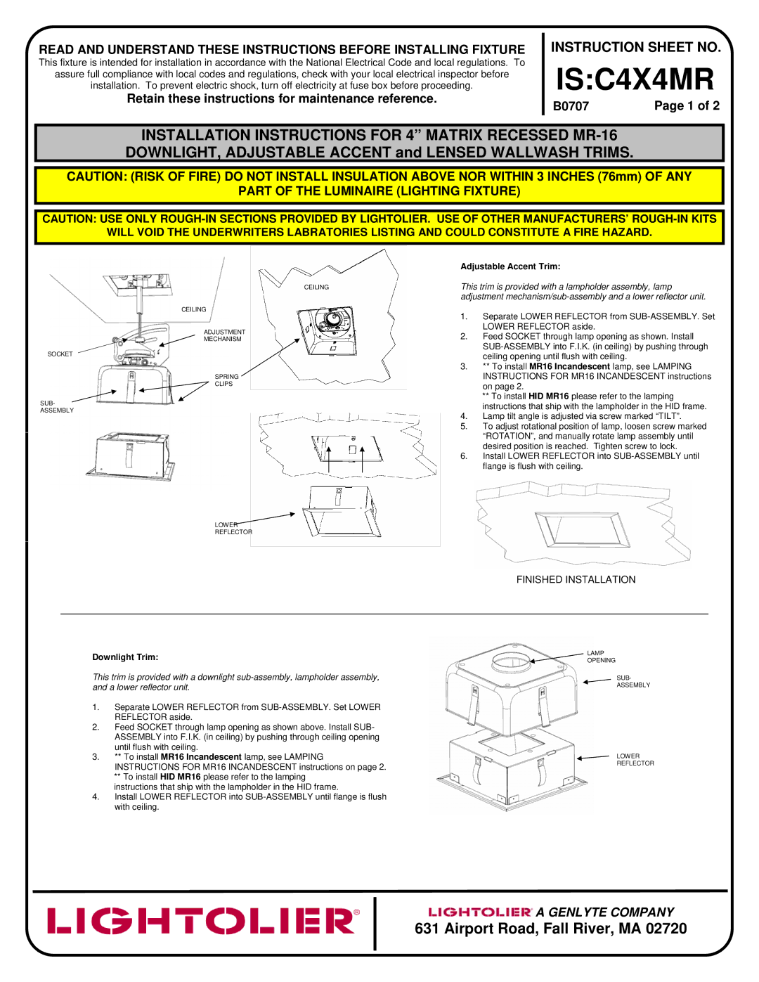 Lightolier installation instructions ISC4X4MR, Adjustable Accent Trim 