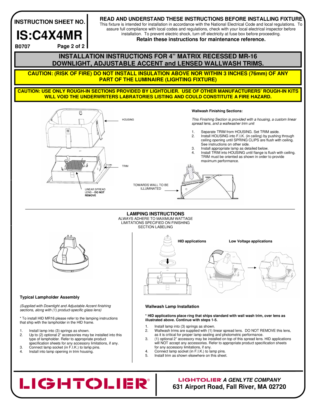 Lightolier C4X4MR Typical Lampholder Assembly, Wallwash Lamp Installation, Wallwash Finishing Sections 