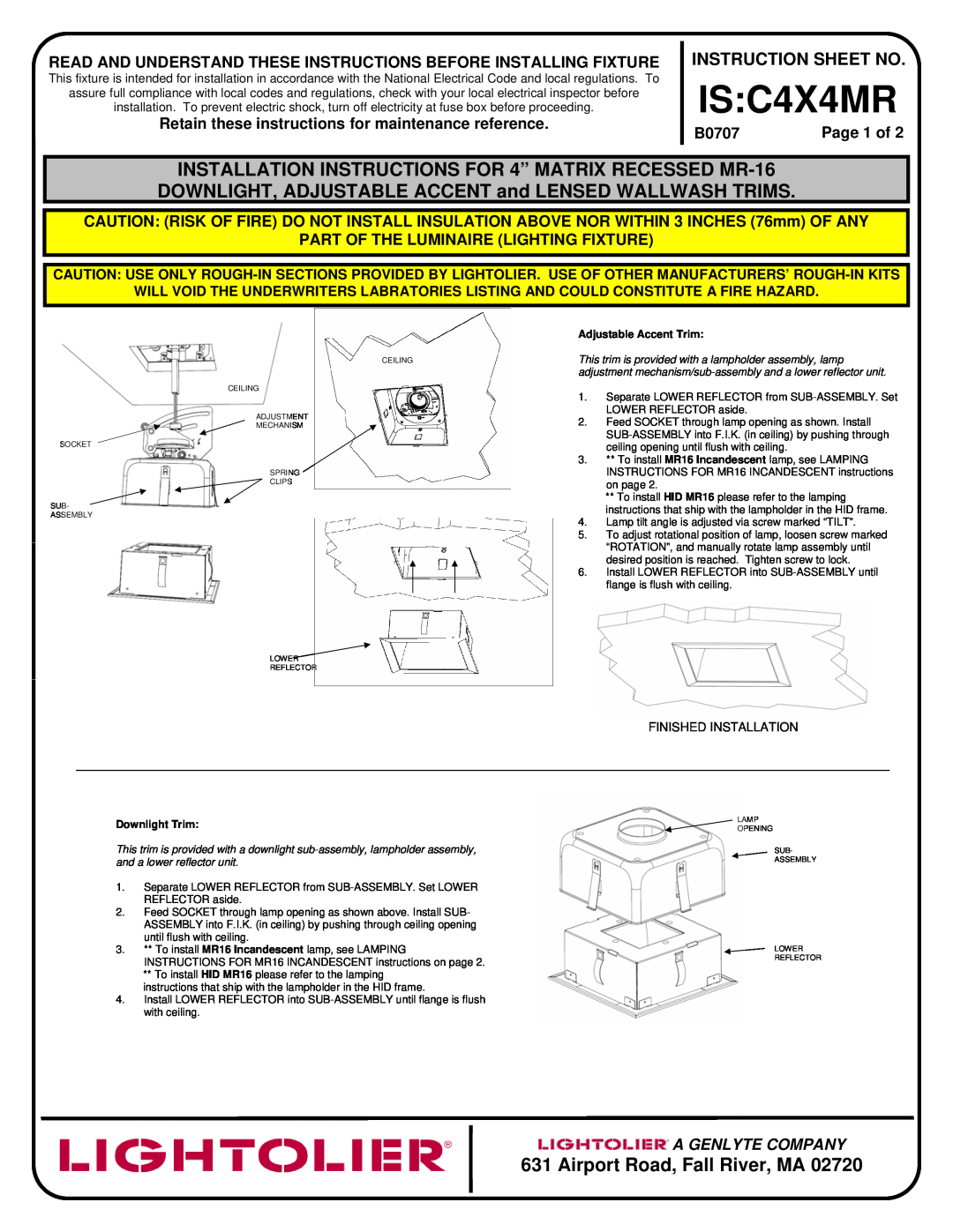 Lightolier installation instructions IS C4X4MR, Airport Road, Fall River, MA, Instruction Sheet No, B0707, Page 1 of 