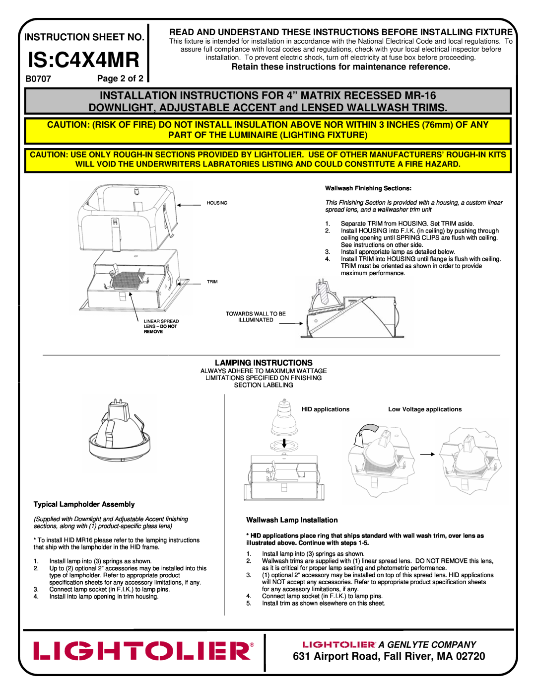 Lightolier Page 2 of, IS C4X4MR, Airport Road, Fall River, MA, Instruction Sheet No, B0707, A Genlyte Company 