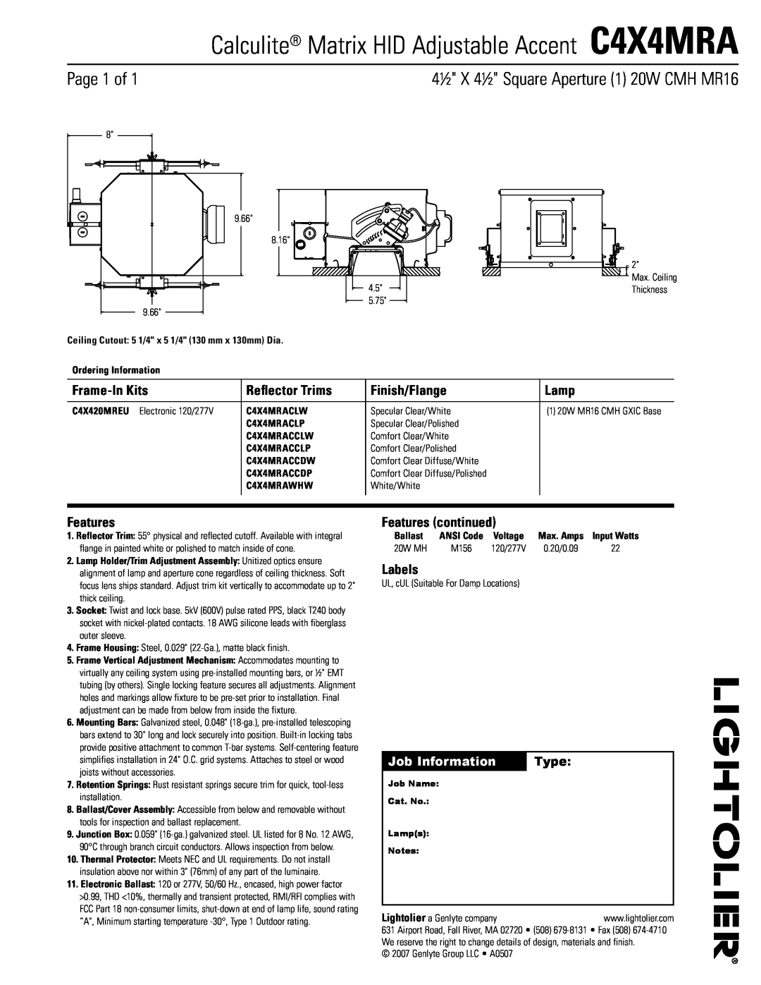 Lightolier manual Calculite Matrix HID Adjustable Accent C4X4MRA, Page 1 of, 4½ X 4½ Square Aperture 1 20W CMH MR16 