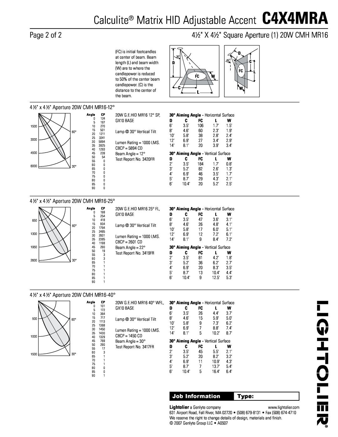 Lightolier Page 2 of, Calculite Matrix HID Adjustable Accent C4X4MRA, 4½ X 4½ Square Aperture 1 20W CMH MR16, Type 