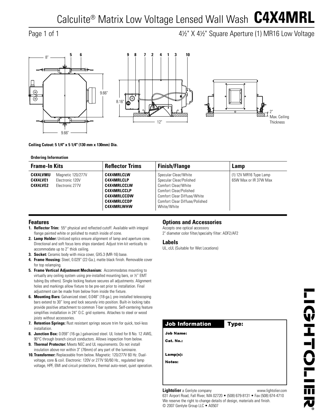 Lightolier manual Calculite Matrix Low Voltage Lensed Wall Wash C4X4MRL 