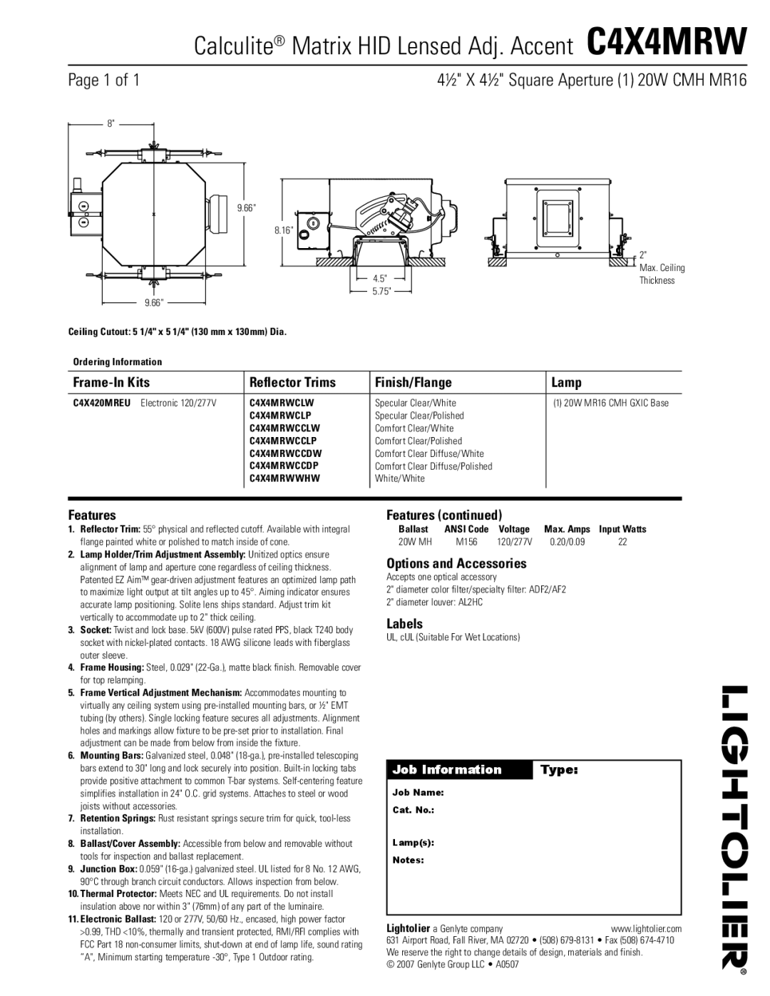 Lightolier C4X4MRWCLW manual Frame-In Kits Reflector Trims Finish/Flange Lamp, Features, Options and Accessories, Labels 