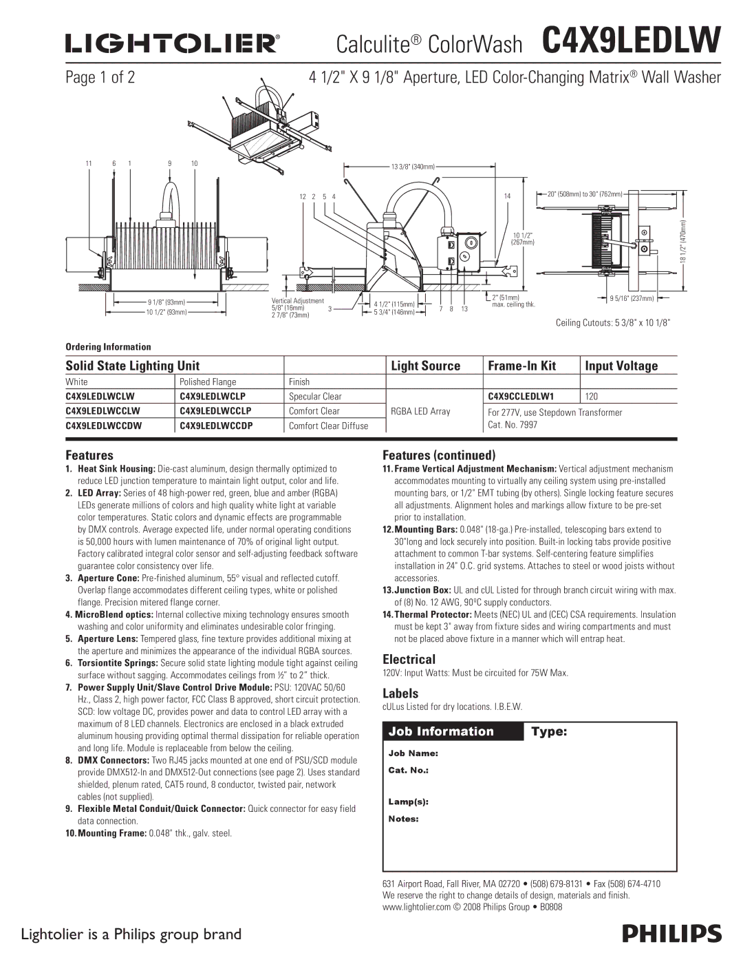 Lightolier C4X9LEDLW manual Features, Electrical, Labels, Ordering Information 