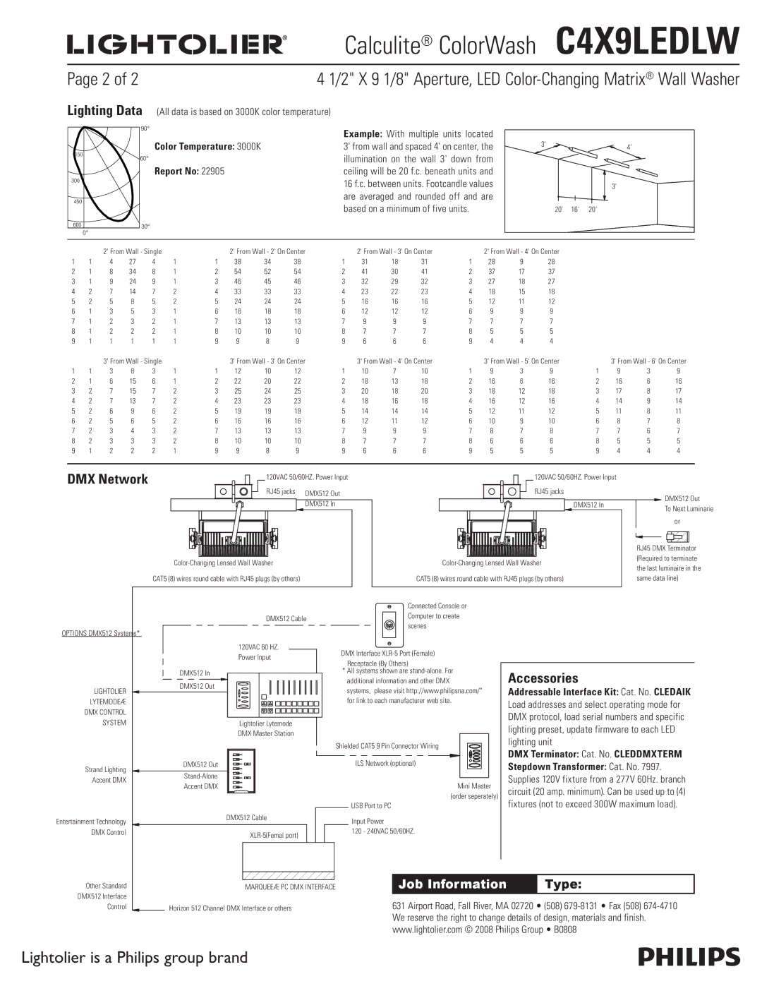 Lightolier C4X9LEDLW DMX Network, Accessories, Color Temperature 3000K Report No, DMX Terminator Cat. No. Cleddmxterm 