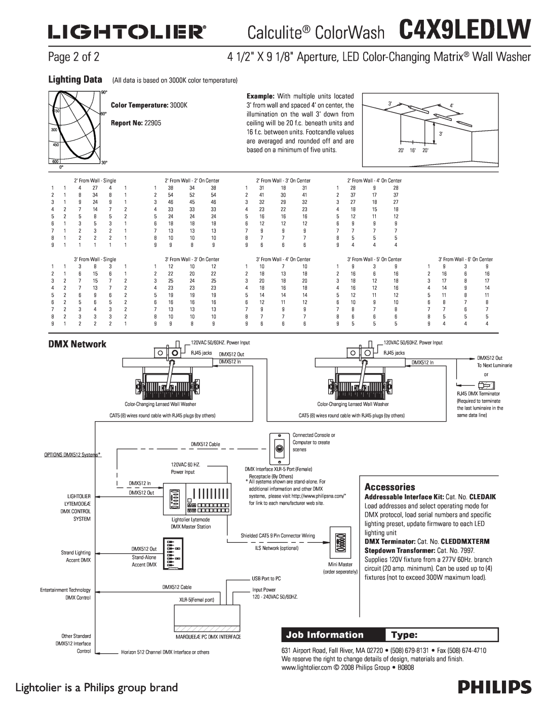 Lightolier C4X9LEDLW Page 2 of, DMX Network, Accessories, Color Temperature 3000K Report No, Stepdown Transformer Cat. No 
