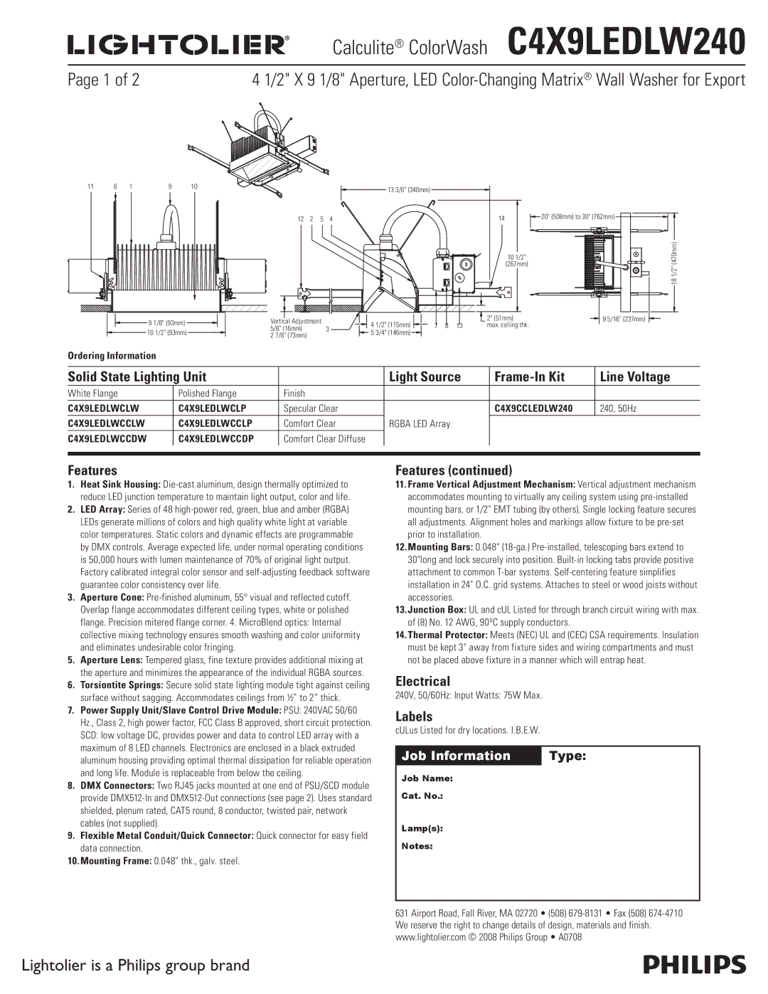 Lightolier C4X9LEDLW240 manual Features, Electrical, Labels 