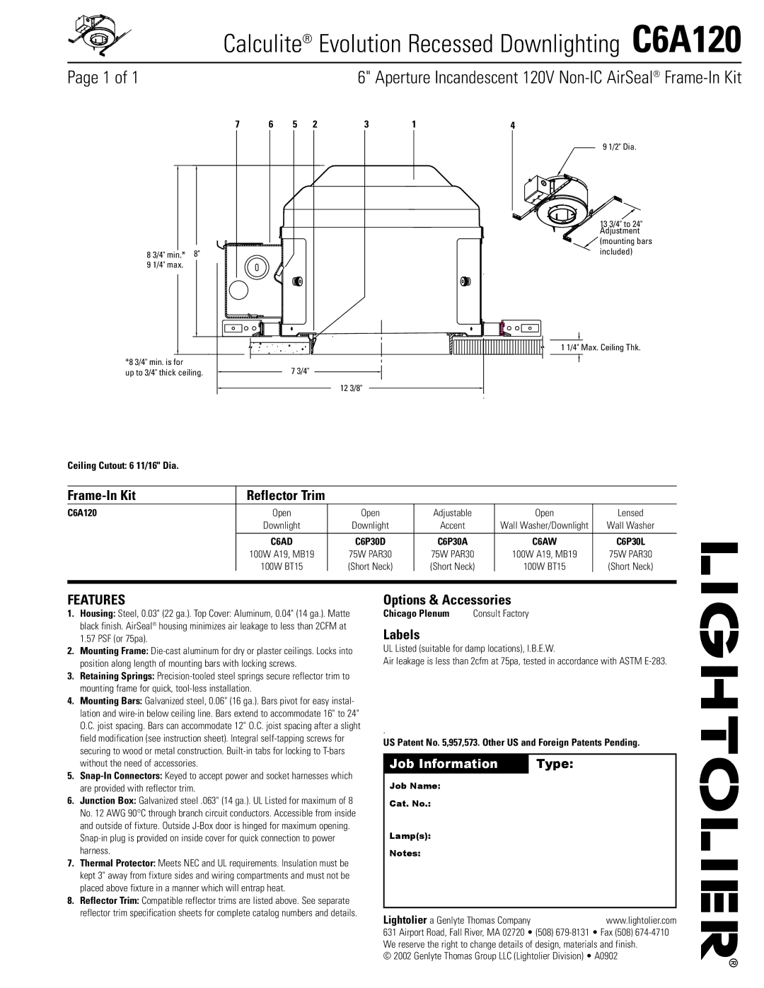 Lightolier instruction sheet Calculite Evolution Recessed Downlighting C6A120, Features 