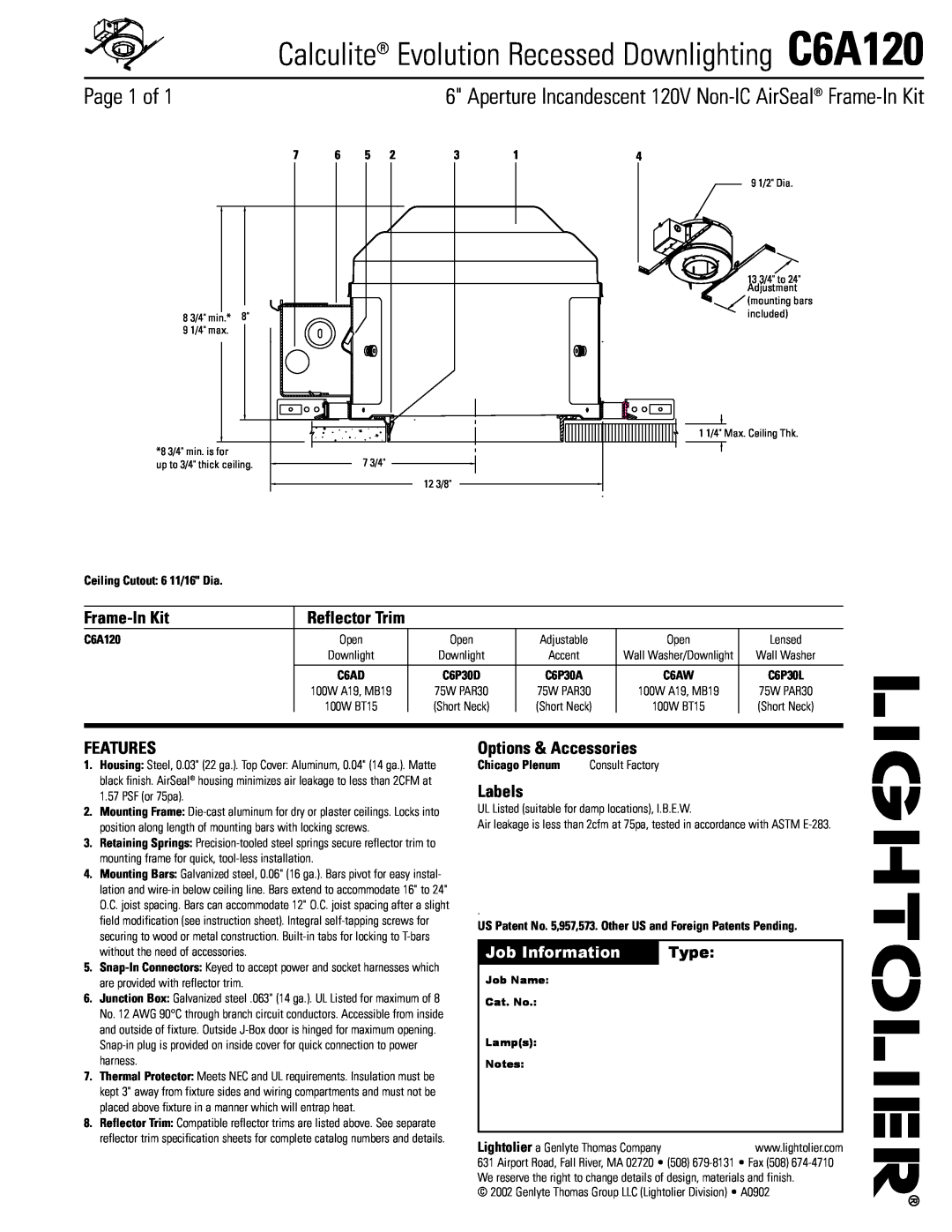Lightolier instruction sheet Calculite Evolution Recessed Downlighting C6A120, Page 1 of, Frame-InKit, Features, Labels 