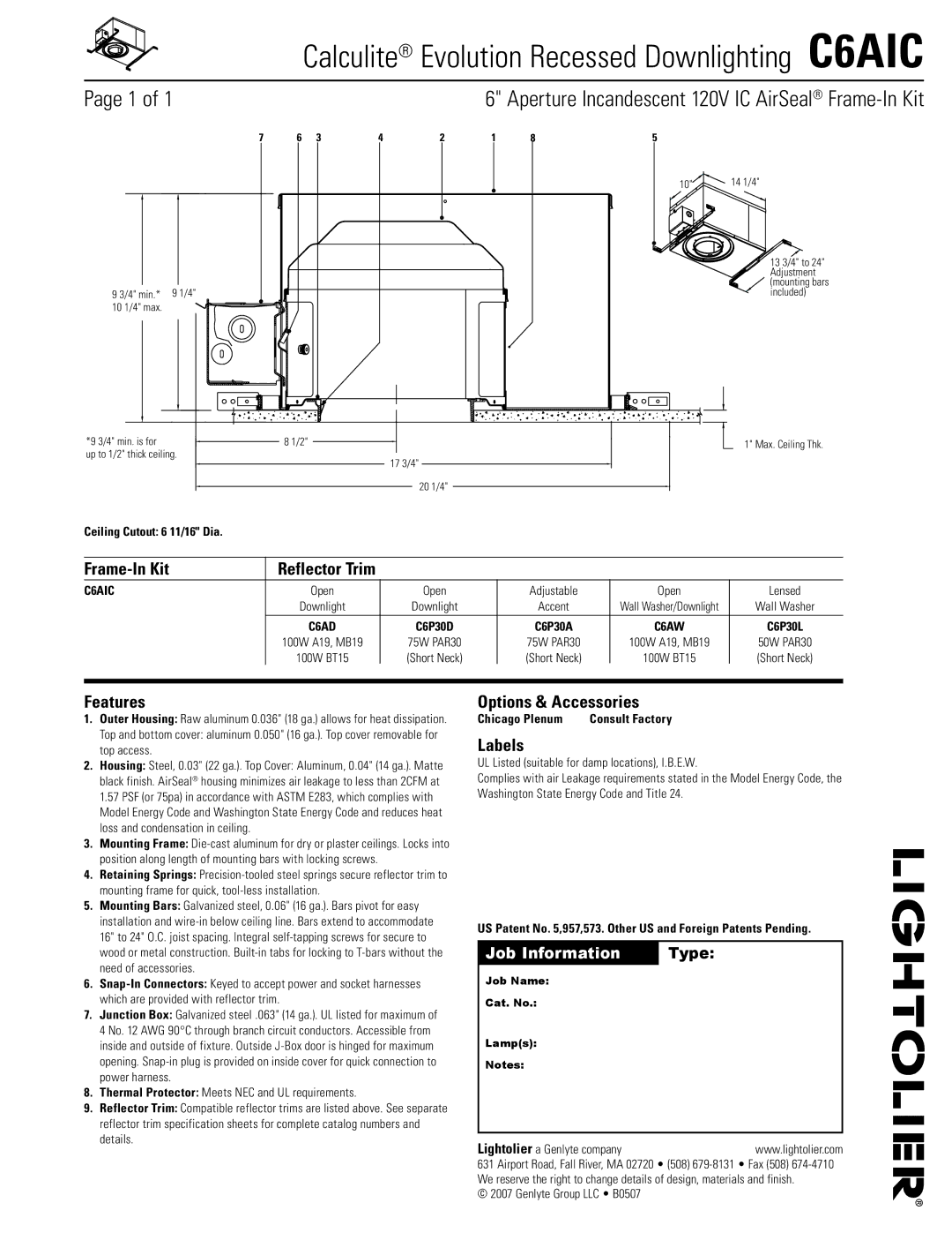 Lightolier specifications Calculite Evolution Recessed Downlighting C6AIC 