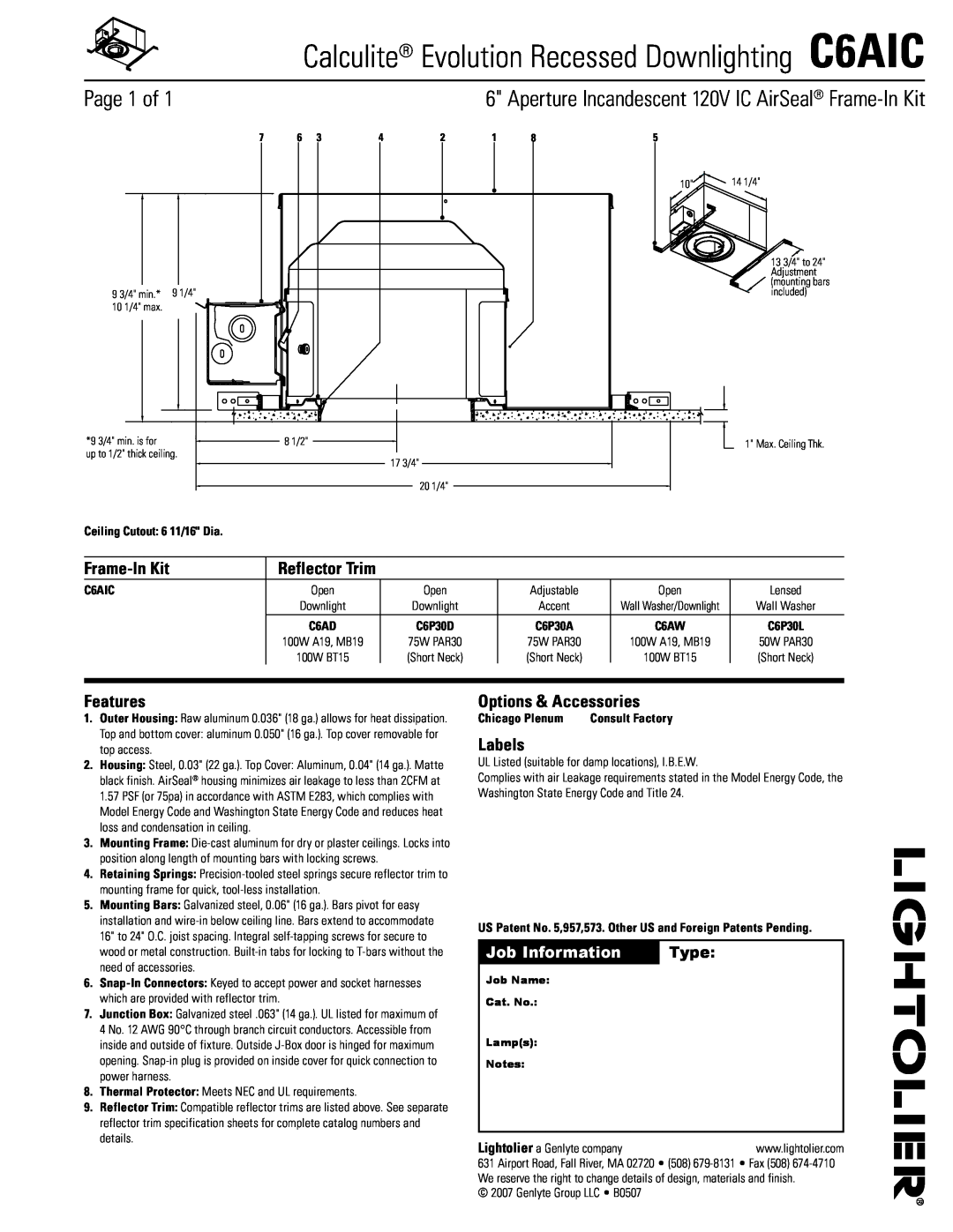 Lightolier specifications Calculite Evolution Recessed Downlighting C6AIC, Page of, Frame-InKit, Features, Labels, Type 