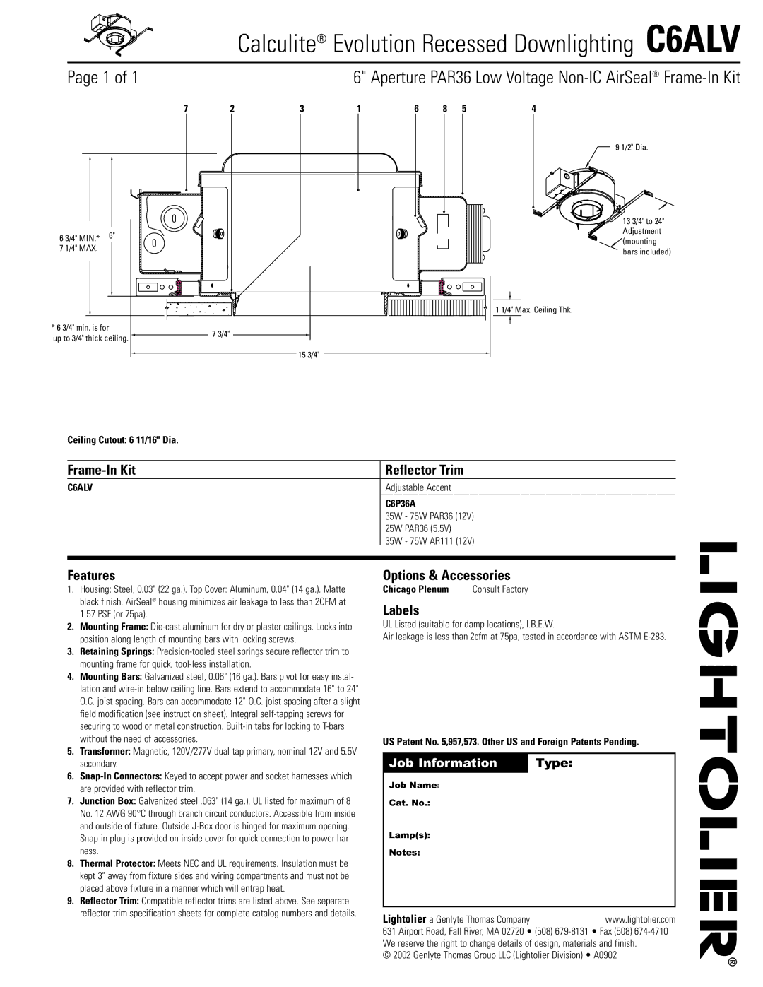 Lightolier instruction sheet Calculite Evolution Recessed Downlighting C6ALV 