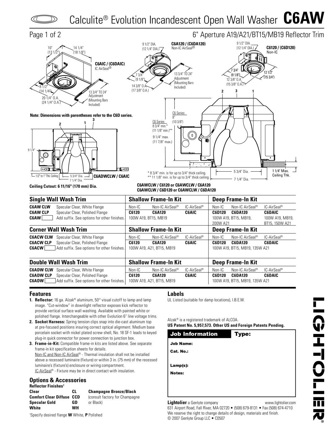 Lightolier C6AW dimensions Single Wall Wash Trim, Corner Wall Wash Trim, Double Wall Wash Trim, Features, Labels 