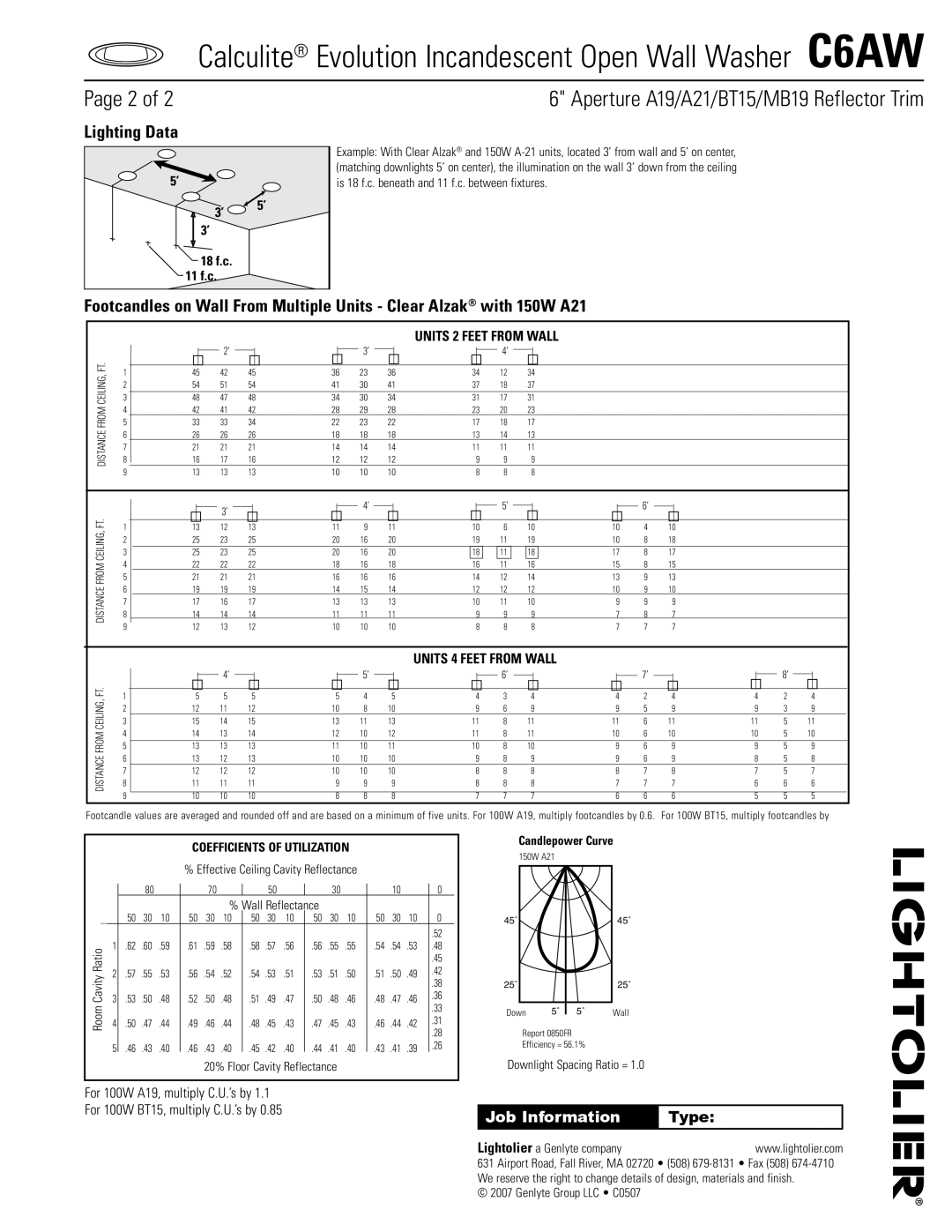 Lightolier C6AW dimensions Lighting Data, Coefficients of Utilization 