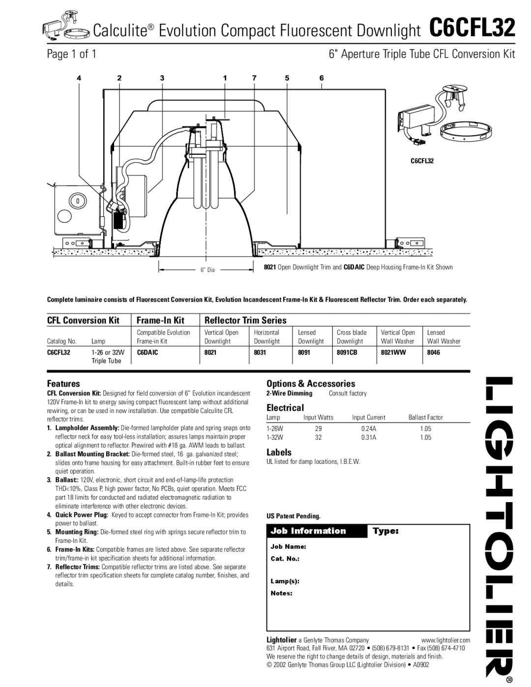 Lightolier specifications Calculite Evolution Compact Fluorescent Downlight C6CFL32 