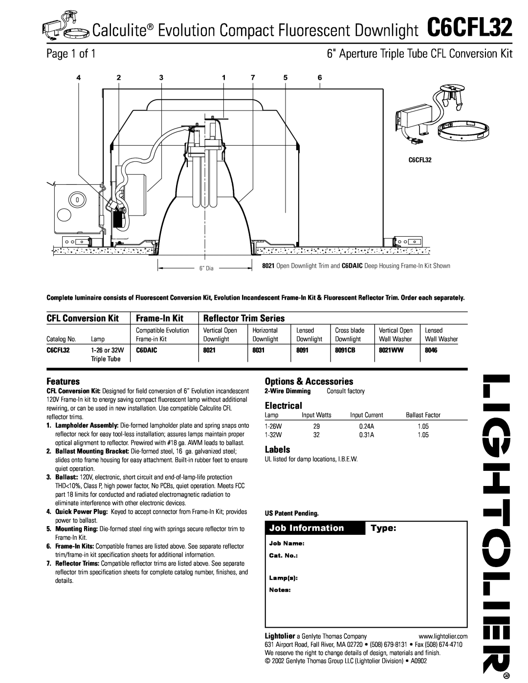 Lightolier C6CFL32 specifications Page 1 of, Aperture Triple Tube CFL Conversion Kit, Frame-InKit, Features, Electrical 