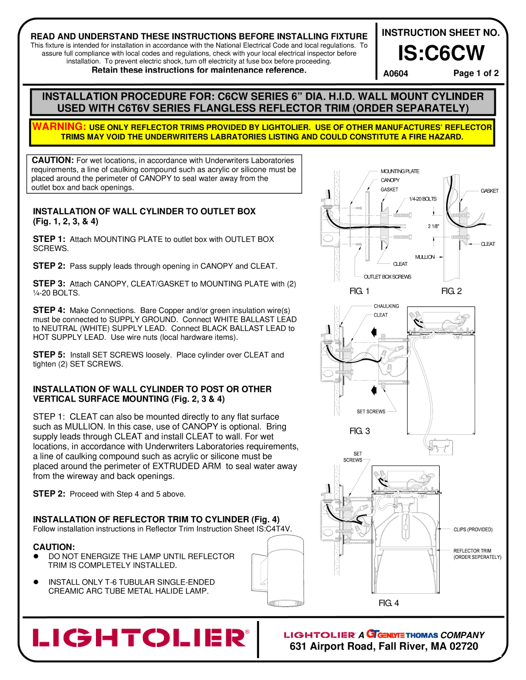 Lightolier instruction sheet ISC6CW, Airport Road, Fall River, MA 