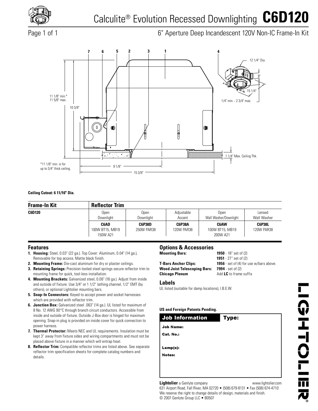Lightolier specifications Calculite Evolution Recessed Downlighting C6D120 