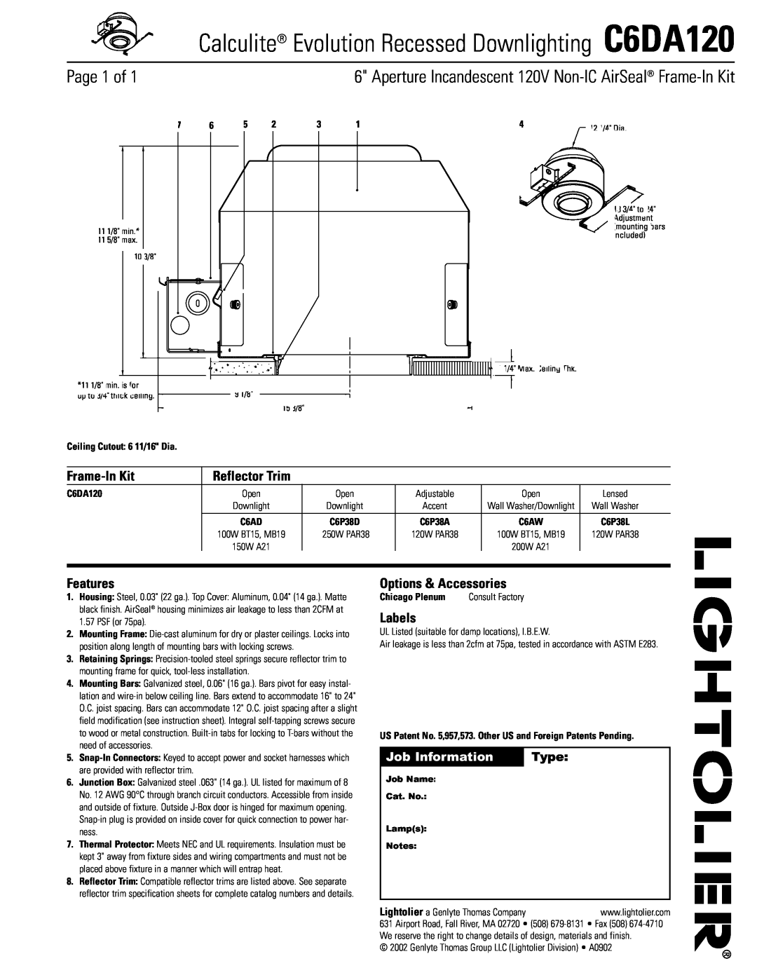 Lightolier instruction sheet Calculite Evolution Recessed Downlighting C6DA120, Page 1 of, Frame-InKit, Features, Type 
