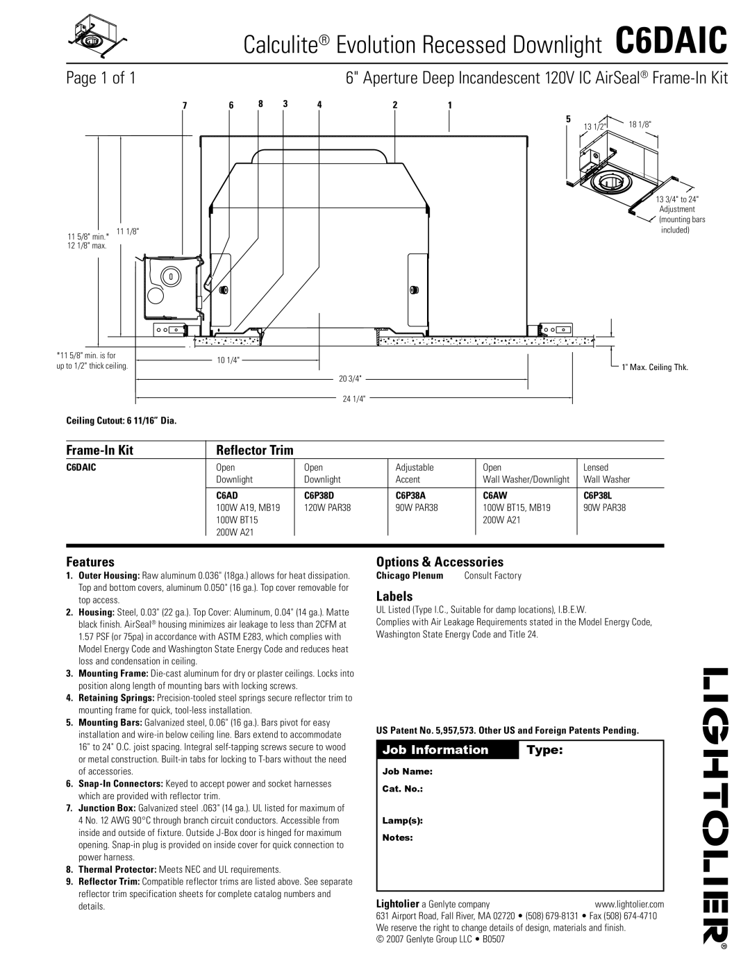 Lightolier specifications Calculite Evolution Recessed Downlight C6DAIC 