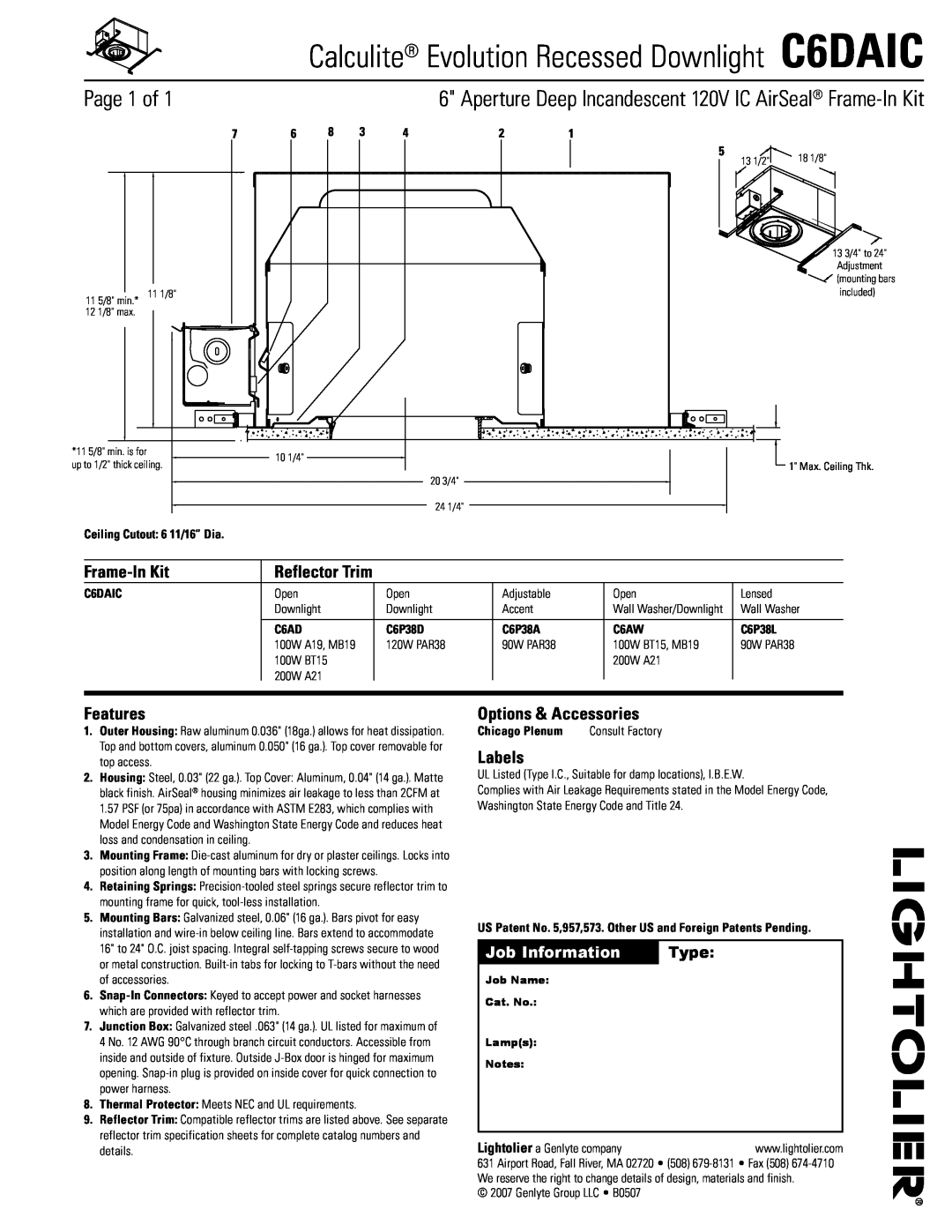 Lightolier specifications Calculite Evolution Recessed Downlight C6DAIC, Page of, Frame-InKit, Features, Labels, Type 