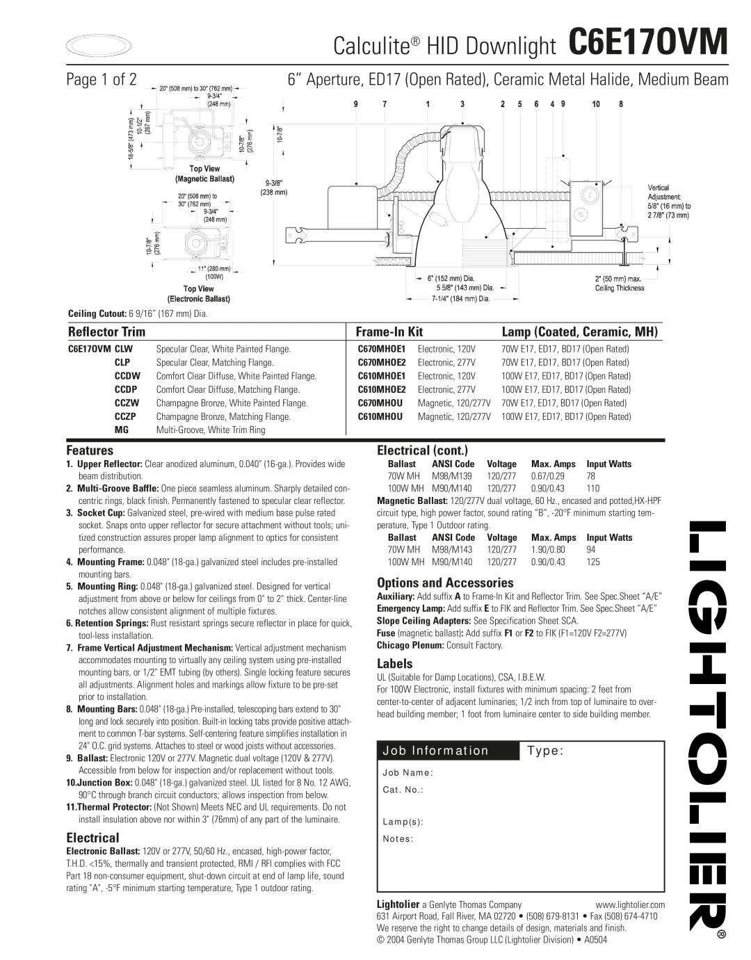 Lightolier specifications Calculite HID Downlight C6E17OVM, Page 1 of, Reflector Trim, Job Information, Type, Features 