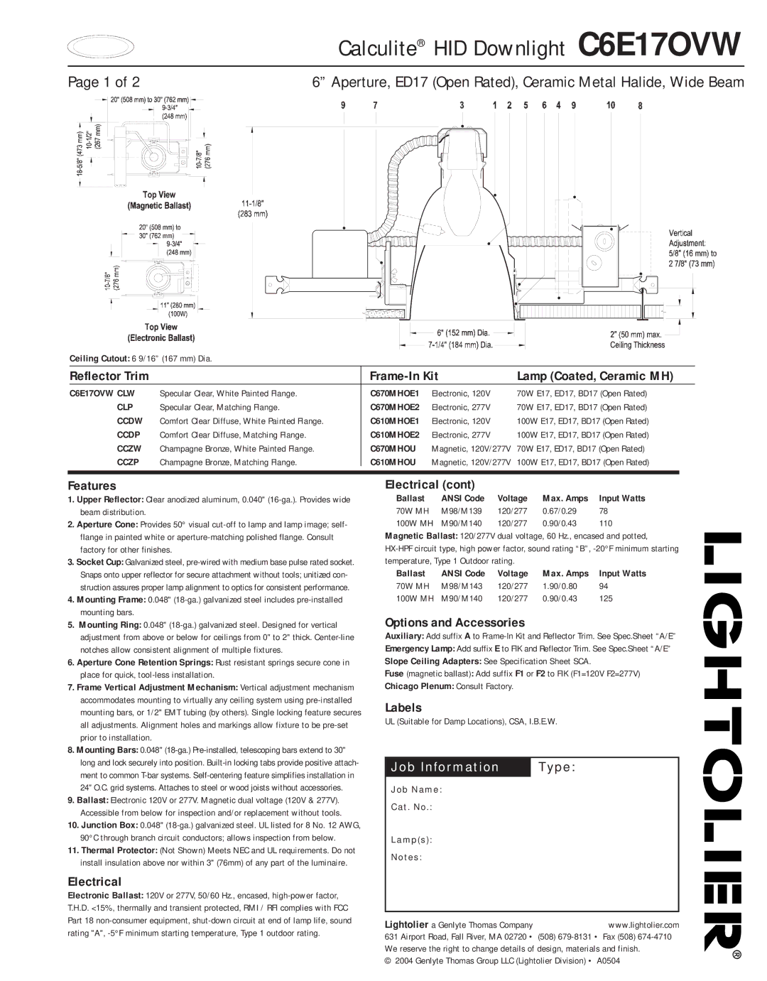 Lightolier C6E17OVW specifications Frame-In Kit, Features, Electrical, Options and Accessories, Labels 