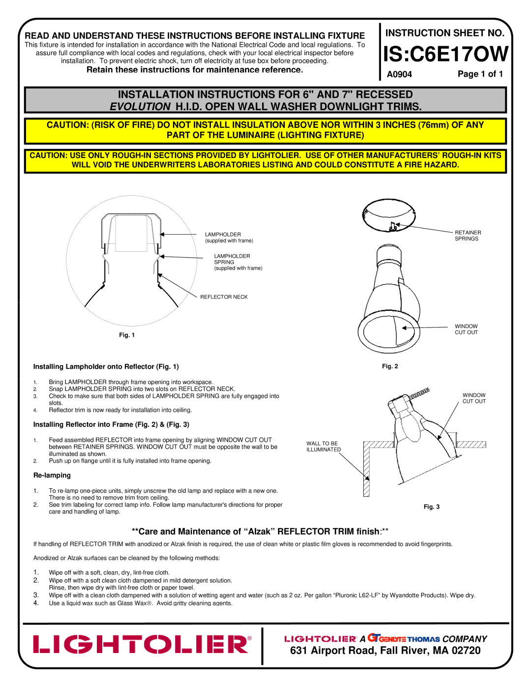 Lightolier instruction sheet ISC6E17OW, Retain these instructions for maintenance reference, A0904 