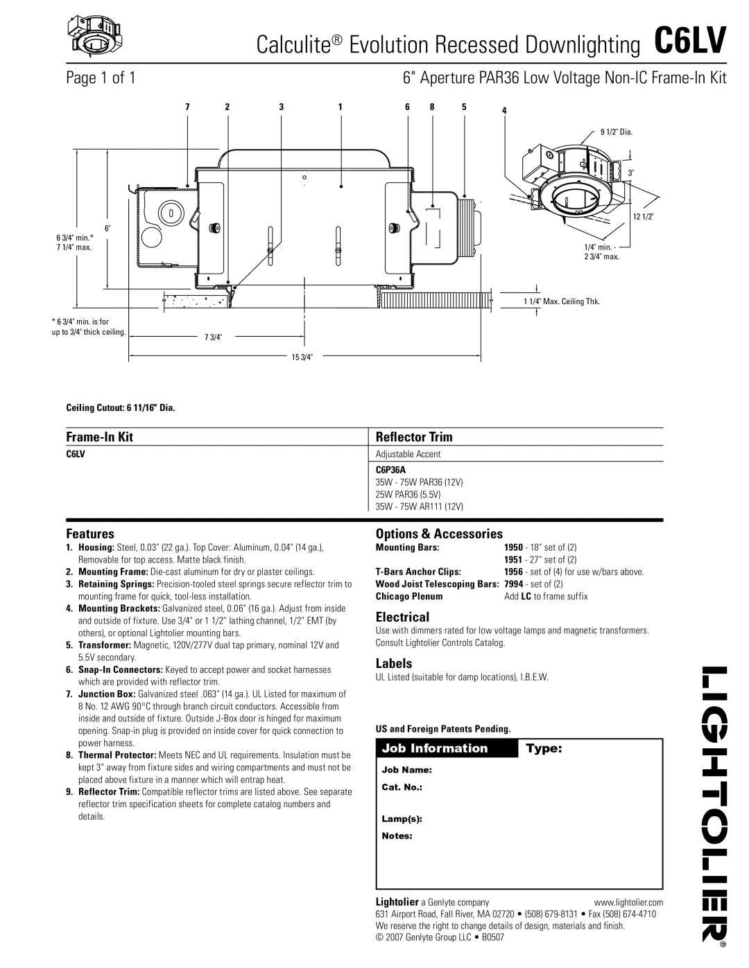 Lightolier specifications Calculite Evolution Recessed Downlighting C6LV 