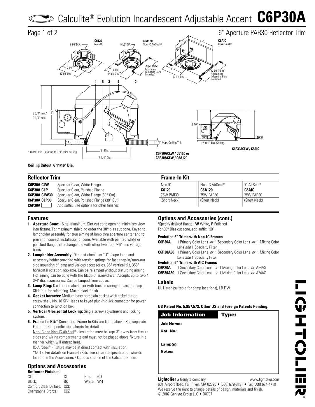 Lightolier C6P30A specifications Reflector Trim Frame-In Kit, Features, Options and Accessories, Labels 