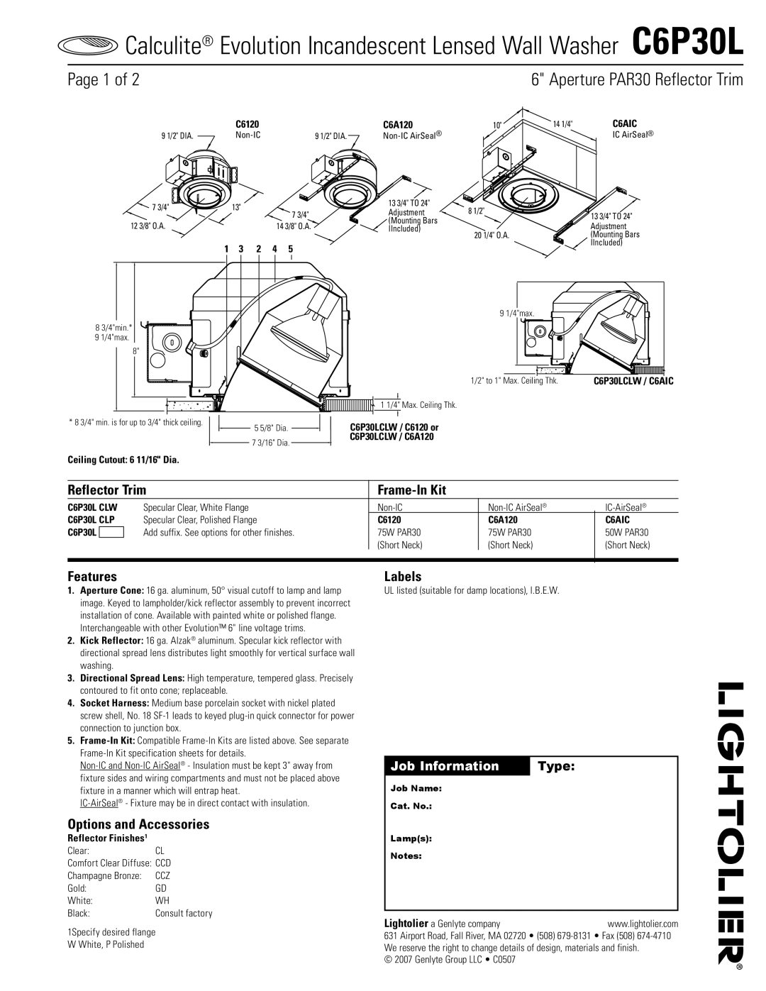 Lightolier C6P30L specifications Reflector Trim Frame-In Kit, Features, Options and Accessories, Labels 