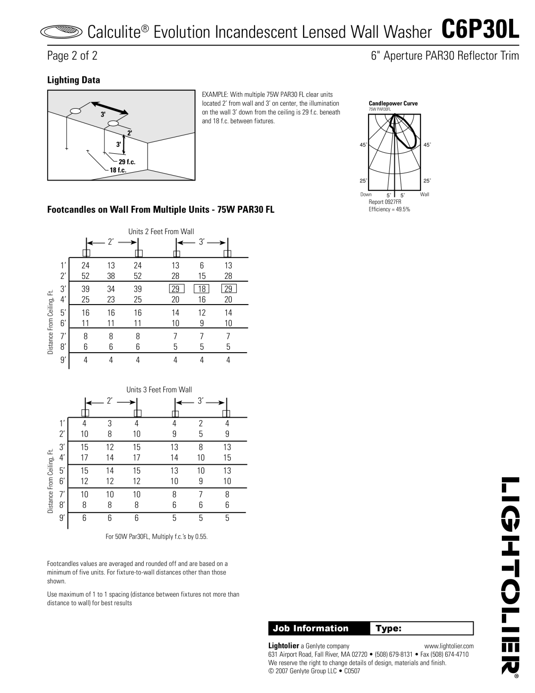 Lightolier C6P30L specifications Lighting Data, Footcandles on Wall From Multiple Units 75W PAR30 FL, 29 f.c 